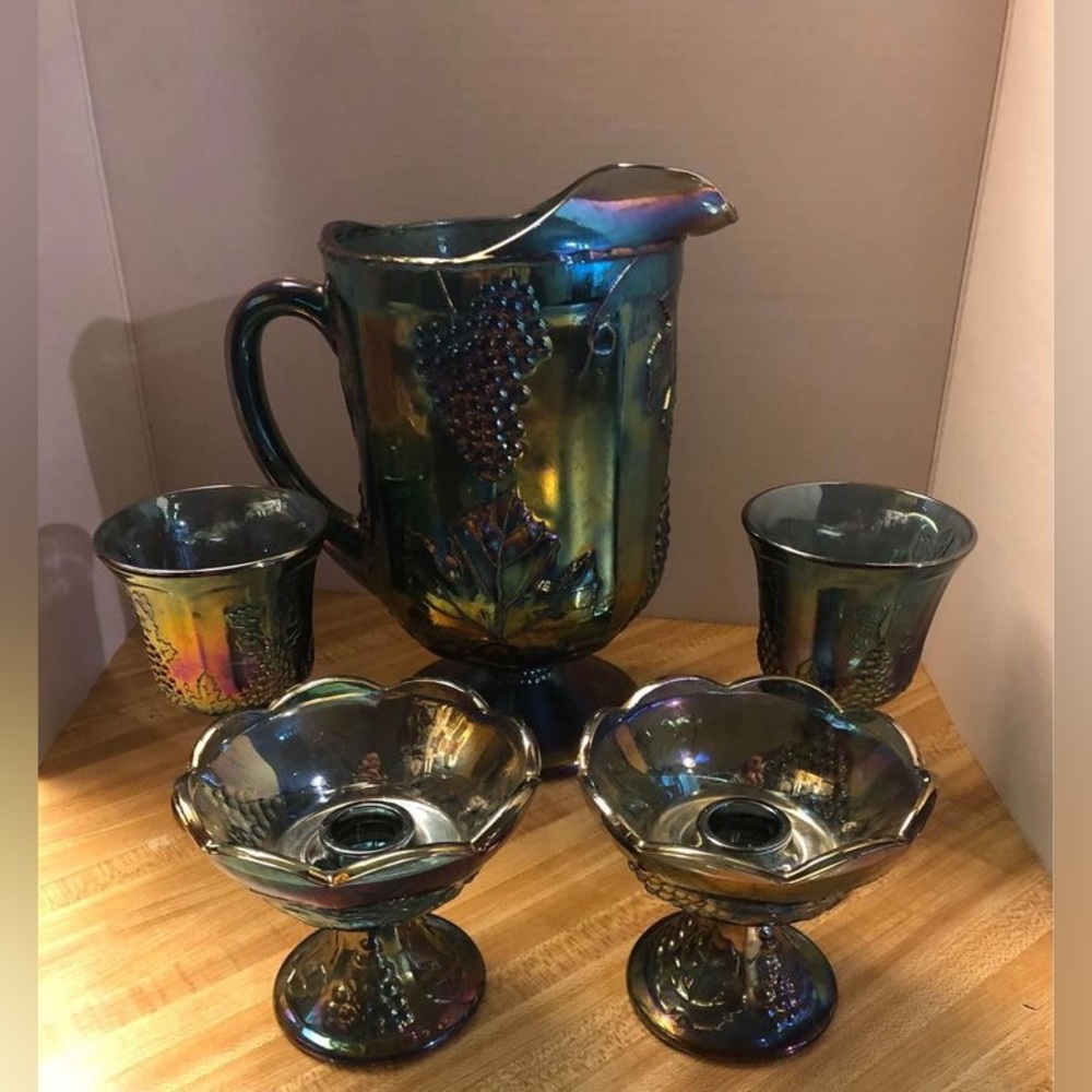 Vintage Blue Carnival Glass Pitcher 2 Goblets 2 Candle Stick Holders